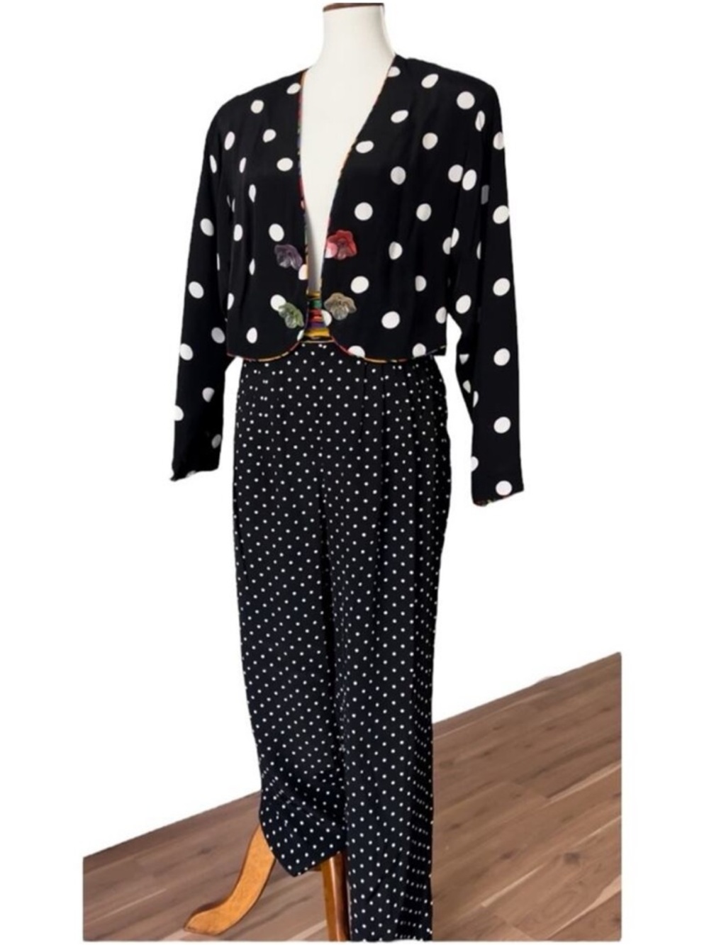 Vintage Blazer Set Jacket Medium Pants Large 80s 2 Piece Polka Rainbow Art Boho